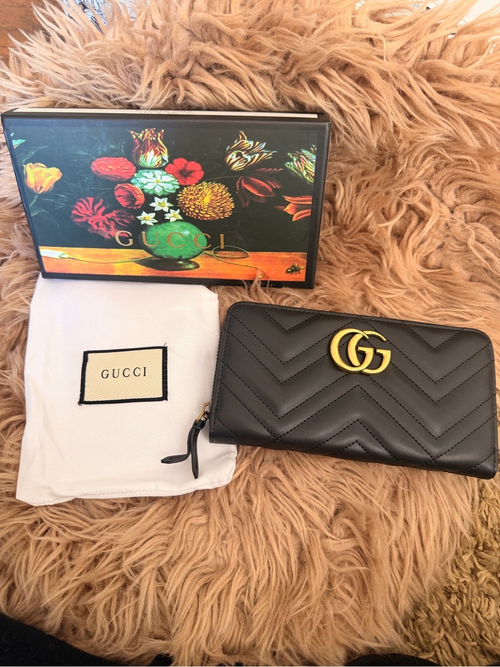 Gucci Black Quilted Chevron GG Zip Around Wallet with Gold Hardware